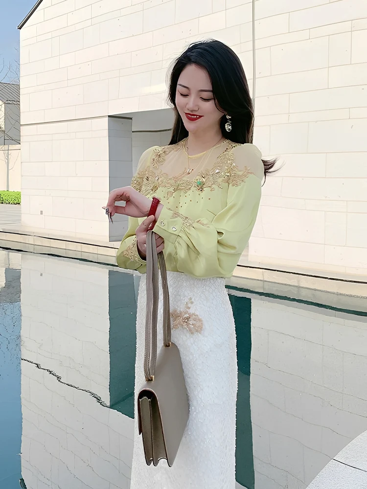 

Embroidered Lace Long Sleeve Women's Shirt Spring 2026 New Style Fashionable Casual Loose Fit round Neck Top Inner Wearable w...