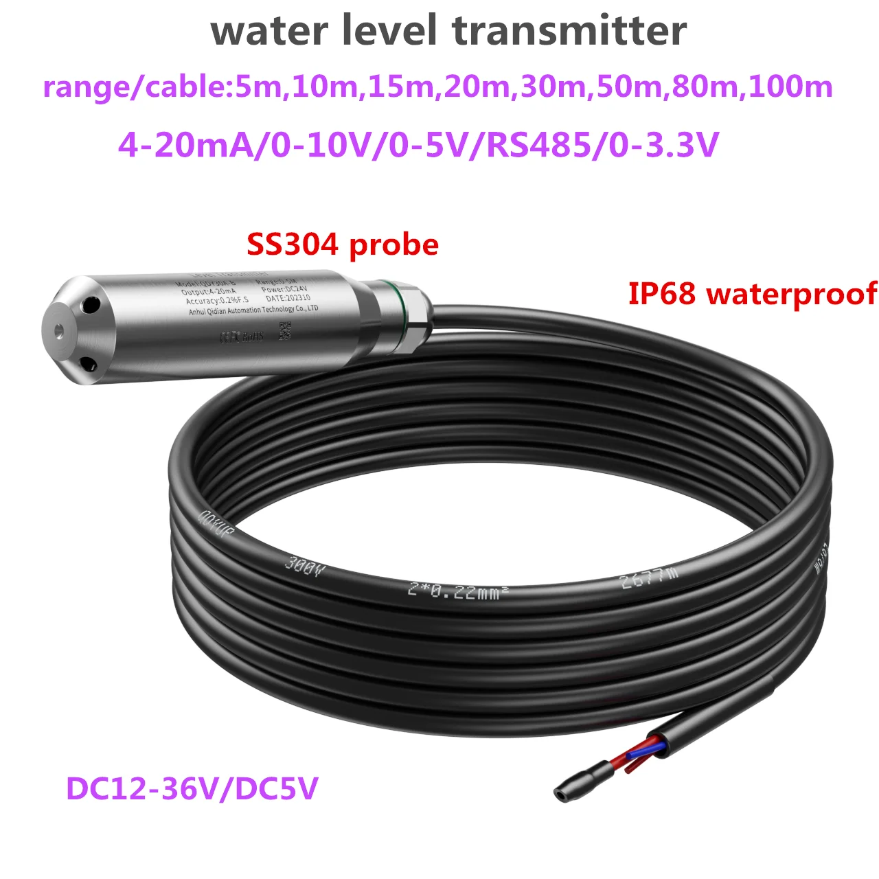 

4-20mA 0-10V 0-5V RS485 Submercible Liquid Tank Stainless Steel Hydraulic Water Level Sensor 5m 10m 50m 100m Transmitter