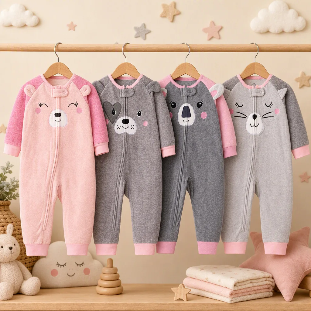 Infant Girls Raglan Contrast Sleeve Polar Fleece Zip Romper Cartoon Face Embroidery with 3D Ears Warm Fall Winter Baby Jumpsuit