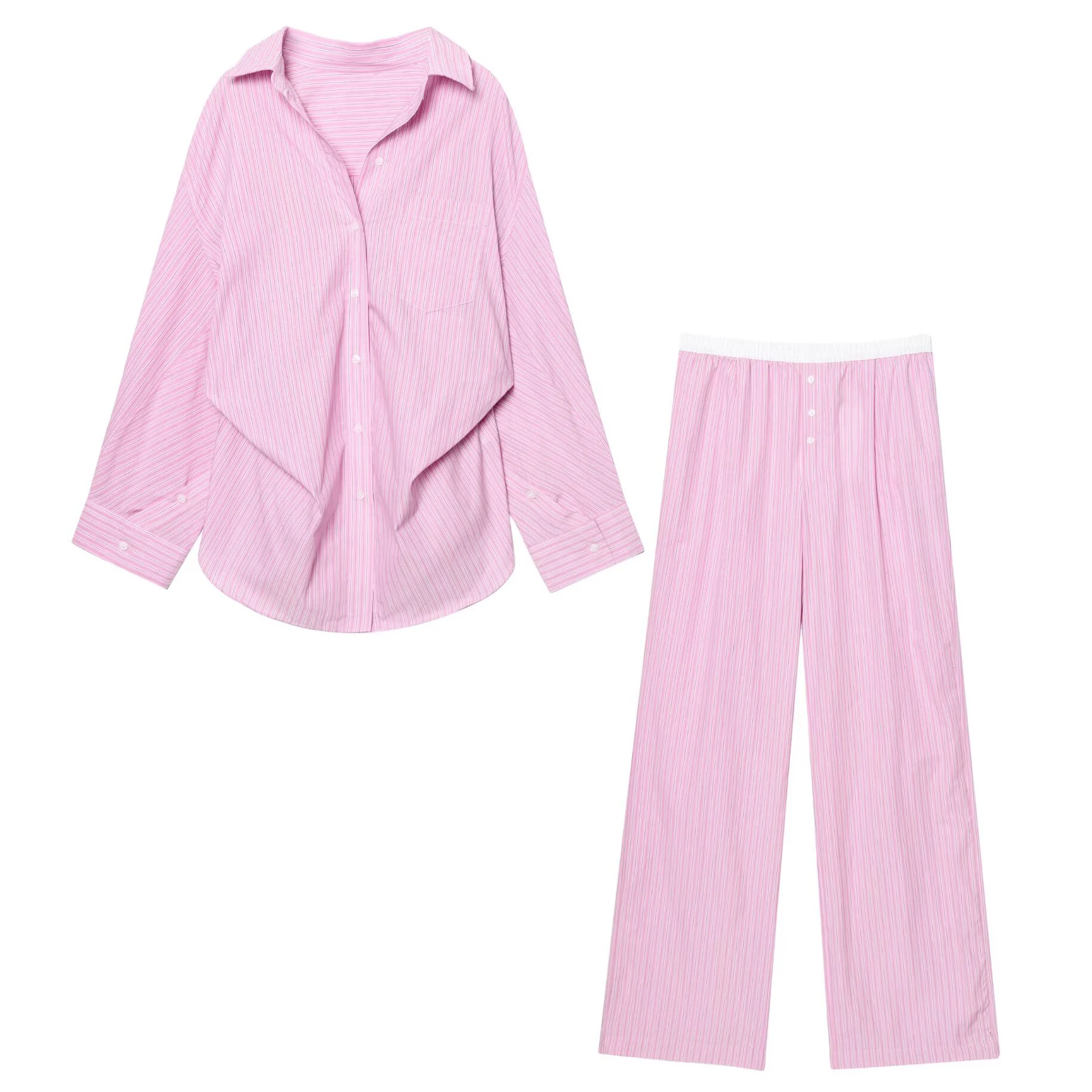 

Pink Striped Shirt Women Pleated Oversized Shirt Casual Loose Single Breasted Turndown Collar Long Sleeve Blouse 2025 New Summer