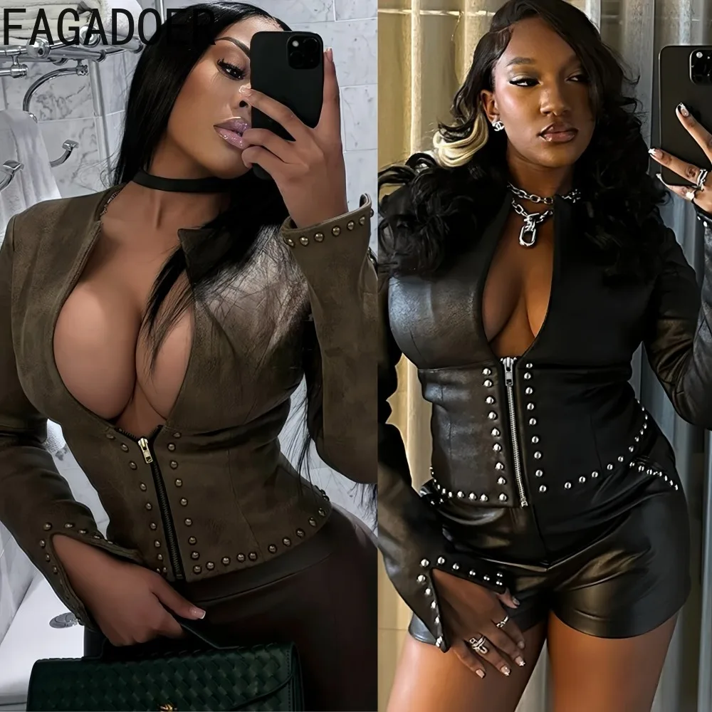 

FAGADOER Autumn New Fashion Bead Leather Patchwork Coat Women Zipper Deep V-Neck Long Sleeve Crop Jacket Female Streetwear 2025