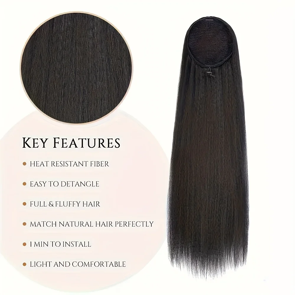 22inch Yaki Straight Ponytail Long hair extensions Synthetic wig Drawstring Ponytail clip-in Adjustable Black Women Daily Use