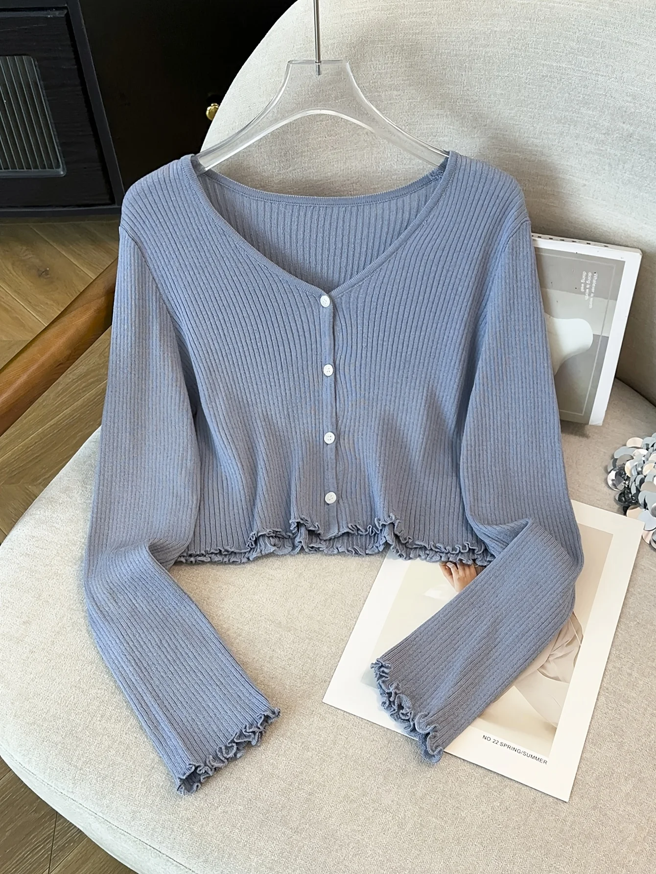 Solid Color Minimalist V-Neck Button Cardigan, Spring Autumn Rolled Long Sleeve Air Conditioning Sun Protection Shirt, Casual Fa