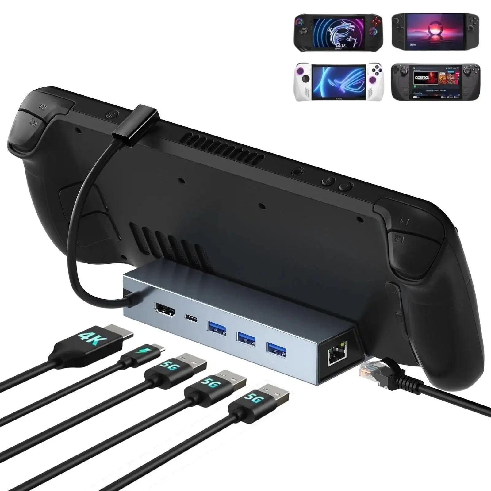 6 in 1 Docking Station for Steam Deck/ROG Ally USB C Dock with HDMI 4K UHD 100Mbps RJ45 Ethernet 3 USB 2.0 and PD 100W