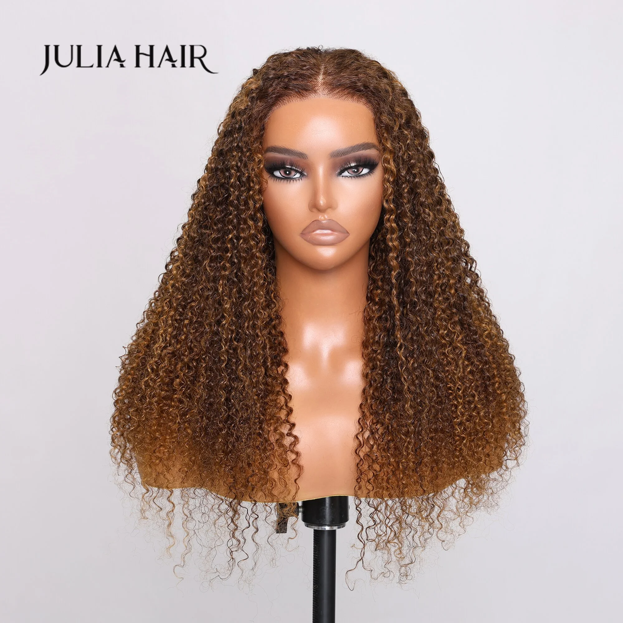 

Julia Hair Bye Bye Knots 7x5 Kinky Curly #P430 Highlight Brown Bouncy Wig Pre-Cut Glueless Natural Color Pre-plucked Human Hair