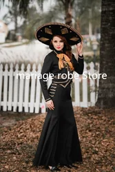 Black Traditional Outfits Mexican Prom Dresses 2023 Mariachi Long Sleeve Embroidery Stain Mermaid Evening Gowns