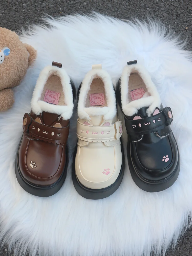 

Velvet Meow Original Luo Shoes Thick Soled Cotton Shoes Women's Winter Adding Velvet Cute Lolita Leather Shoes Jk Uniform Shoes