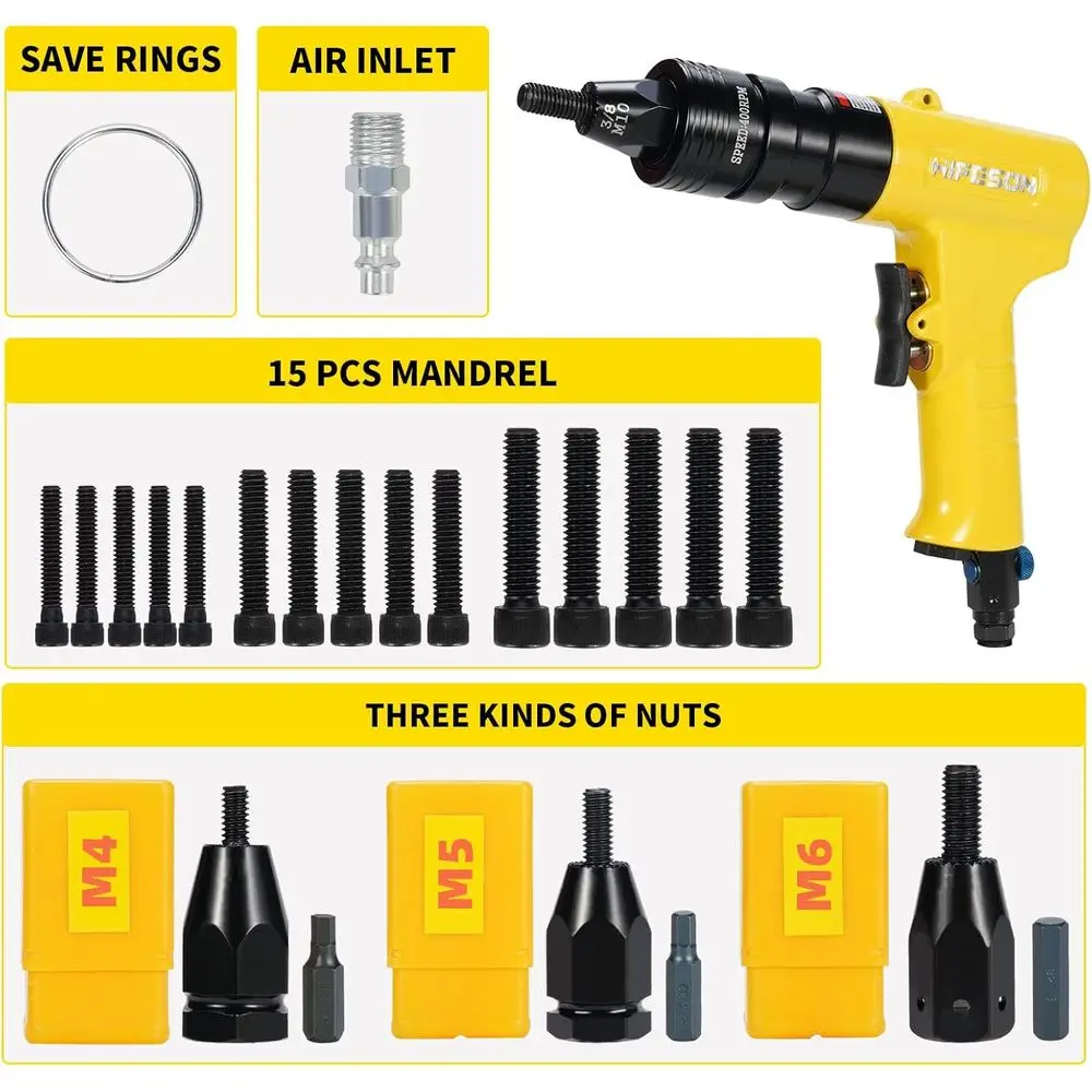 Pneumatic Rivet Nut Gun (M4 & M5 & M6) Air Rivet Nut Pull Setter Tool with 3 Size Quick-Change Nose-Piece Assembly, 5pcs Mandrel
