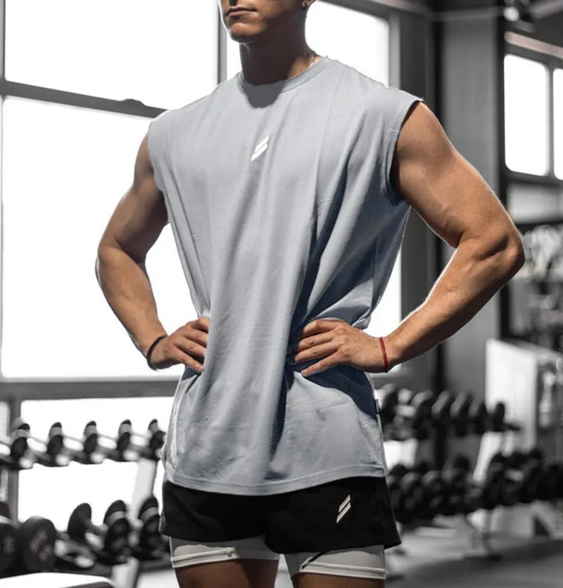 Men Loose Sports Tank Top Small Geometric Logo Print Sleeveless Quick‑Dry Gym Workout Fitness Running Male Vest Tops