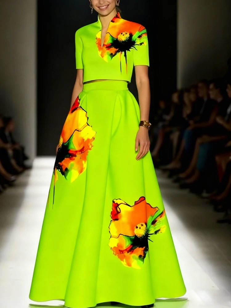 Gymystars Fashion بدلة للنساء مع تنورة خضراء مكونة من قطعتين تنورة طويلة أنيقة مطبوعة بالزهور ورقبة على شكل حرف v طقم سيدة غير رسمي