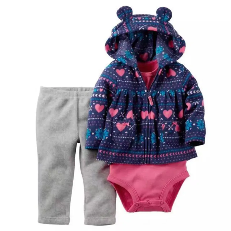 

Fleece Baby Girls 3pcs/sets Boys Casual Hooded Jacket Cotton Coat Kids Bodysuits Child Sports Trousers Long Pants
