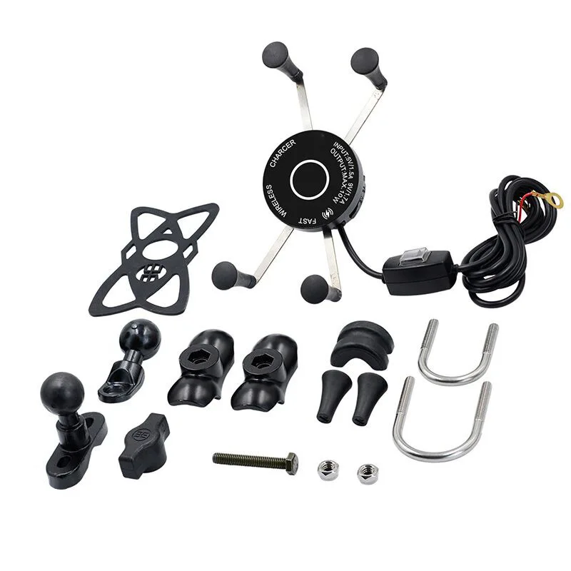 10W Fast Charging Adapter, Wireless Qi Motorcycle Phone Holder with 4 Jaw Mechanical Locking, 360° Rotating Aluminum Alloy