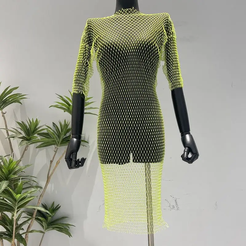 

Summer European and American Heavy Industry Diamond-encrusted Five-quarter Sleeve Fishnet Women's Hollow Sexy Beach Dress