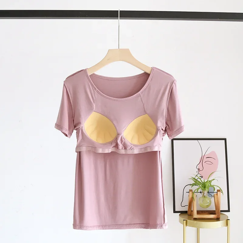 New Summer Ladies Modal Pajamas One Piece Top T-Shirt With Chest Pad Short Sleeve Bottoming Shirt Homewear sleep wear women