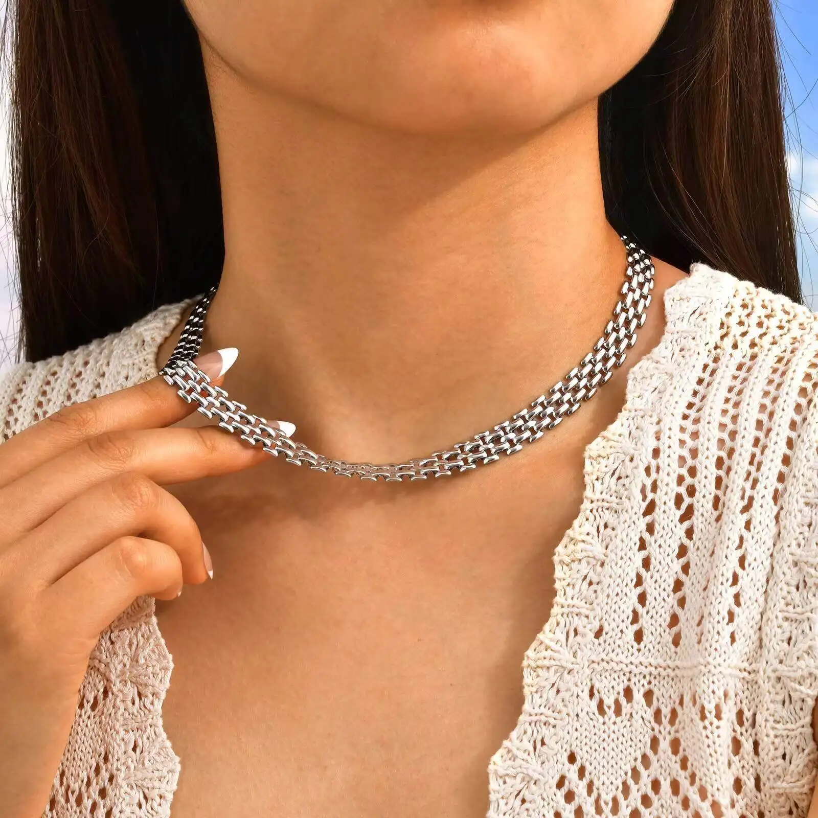 Vnox Mesh Chain Stainless Steel Necklace for Women, Fashion Flat