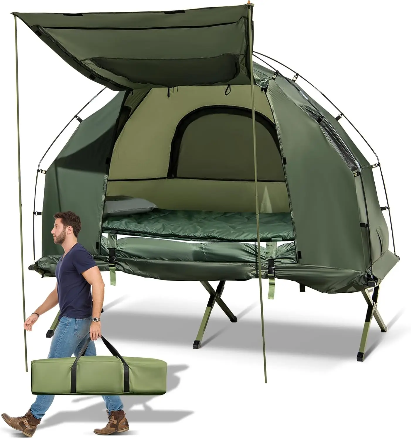 

Tent Cot, 5-in-1 Folding Camping Cot with Mattress & Pillows, Sleeping Bags, Sunshade, Camping Tent Elevated with Carrying Bag f