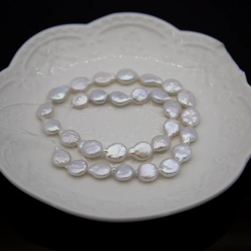 

1strand 10-12mm Round Button Flat Natural Freshwater Pearl White 37cm Long DIY Necklace Bracelet Earrings Accessories