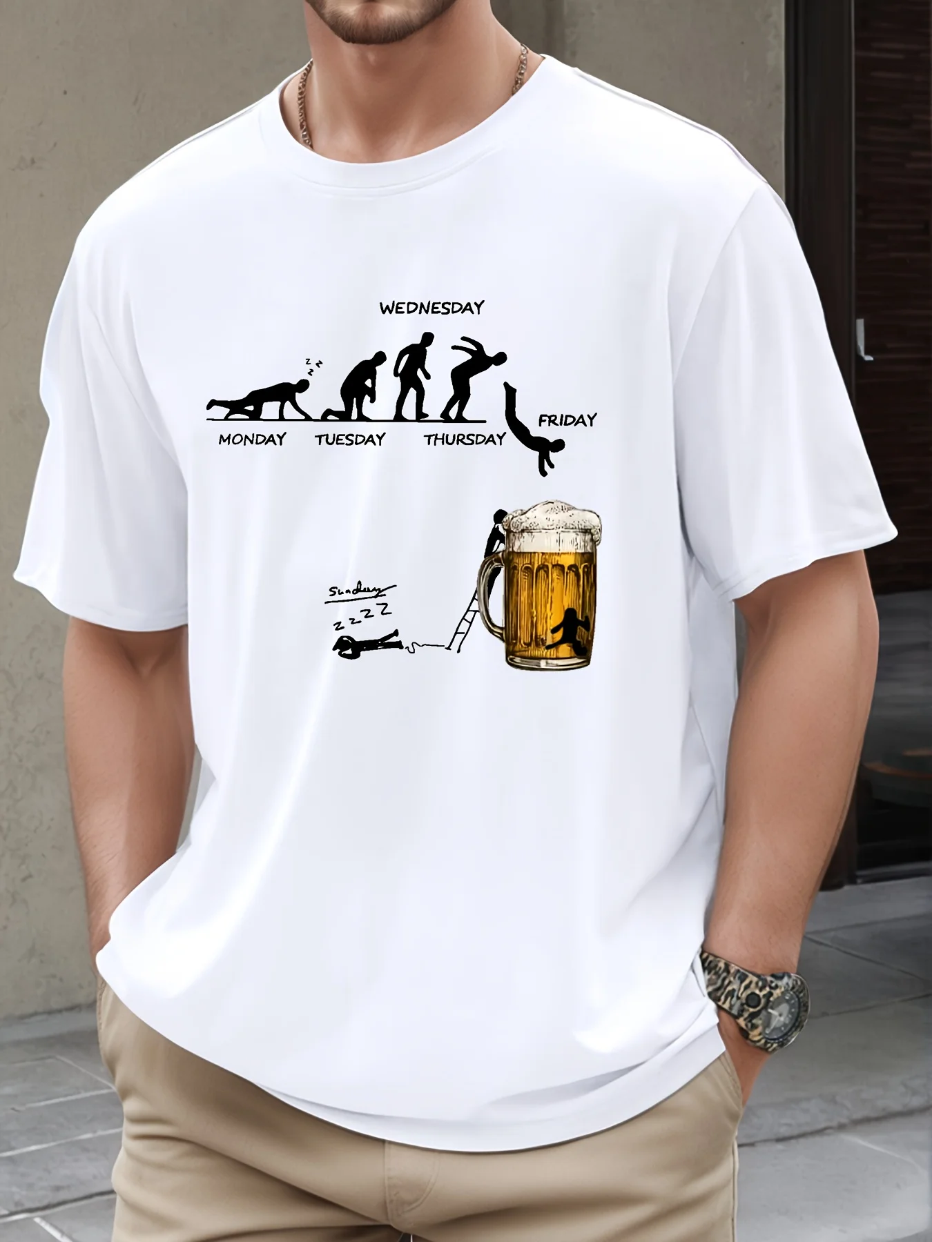 Men's Summer 100 Cotton Fashionable Casual Loose Large Fun Beer Pattern Printed Sports Round Neck Short Sleeve T-shirt Top image 6