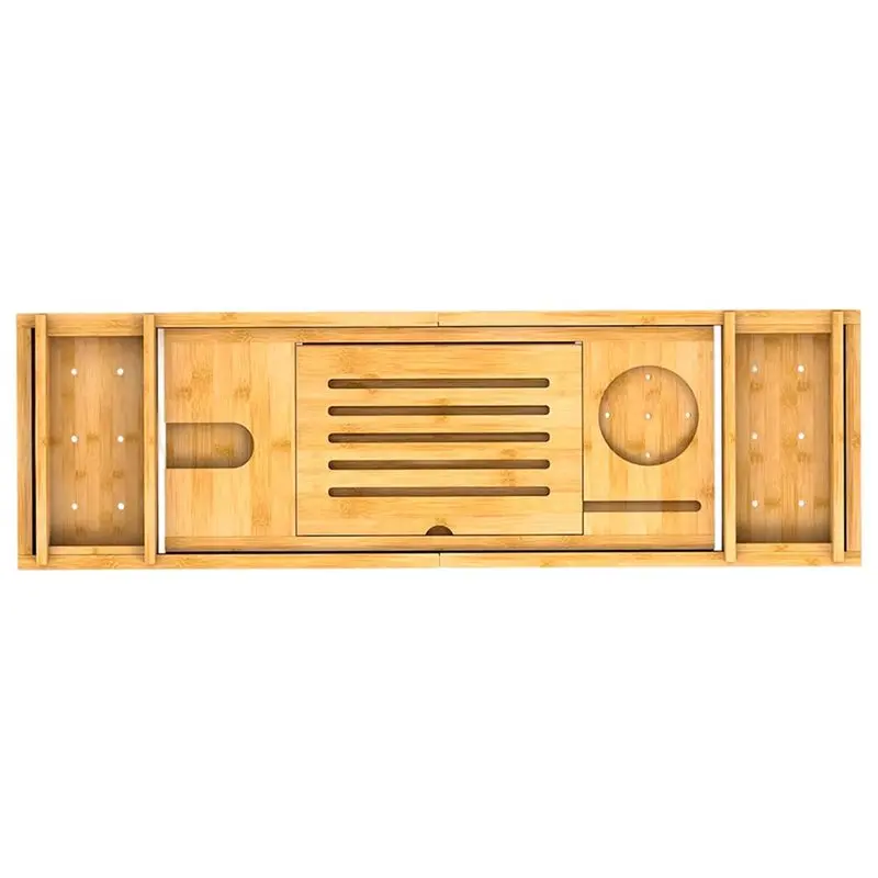 

【EFFICIENT 】Bath Tray With Candle/Cup Holder-Bamboo Bathtub Shelf Extendable, Tablet/Phone Slot, Bathroom Storage Rack