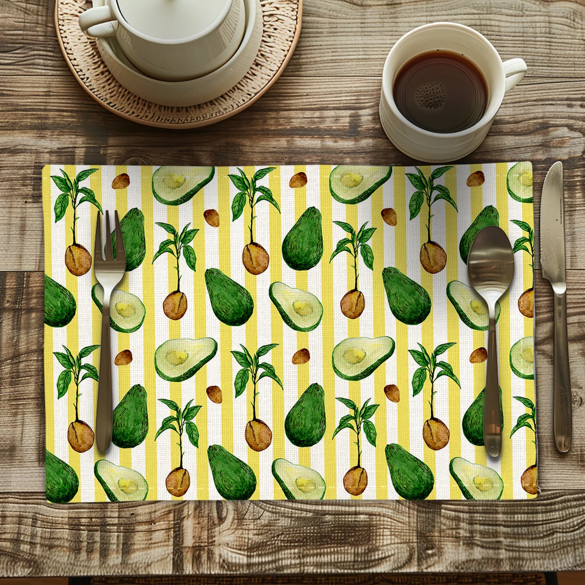 Cute Avocado Pattern Polyester Placemats & Coasters - Decorative Table Linens for Home Kitchen, Dining and Daily Use