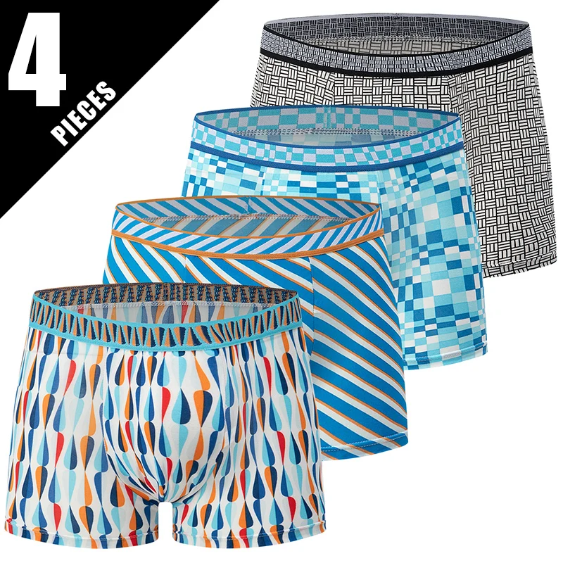 

4-piece Set Of Men's Underwear Youth Ice Silk Quick Drying,Comfortable And Casual Plus Size Beach Flat Corner Pants Trendy