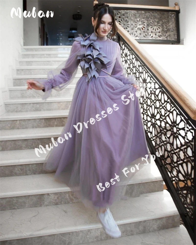 

Customized Light Purple Party Dresses Tulle 3D Appliques Formal Prom Gowns A Line Evening Dress Ankle Length 2025