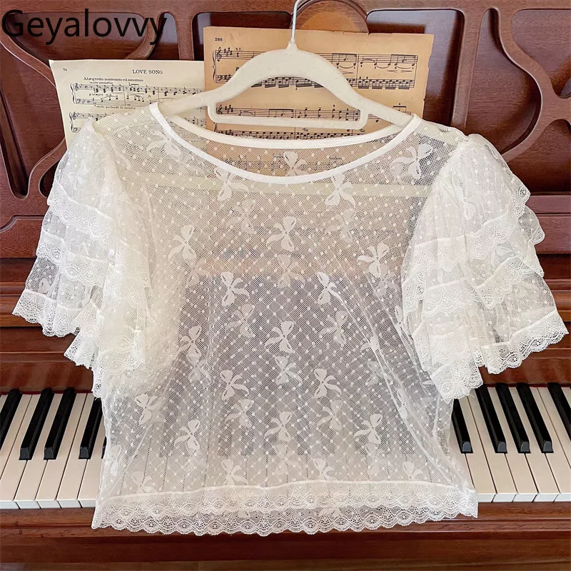 

Lolita Mesh Inner Top Lace Short-sleeved Crew Neck Shirt Sweet Beautiful Woman Summer Design Niche Versatile Thin Blouse