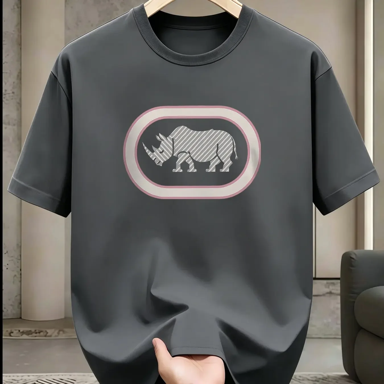 Men Ecko Centered Single Graphic Diagonal Strip Rhino Tee Blank Clean Front Lightweight Office Daily Cotton Shirt
