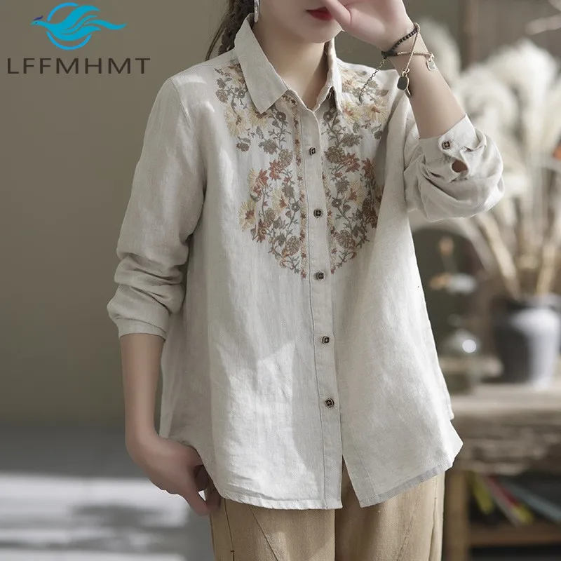 Good Quality Vintage Floral Embroidery Button Down Linen Shirt for Women Spring Fall Fashion Long Sleeve Loose Casual Blouses