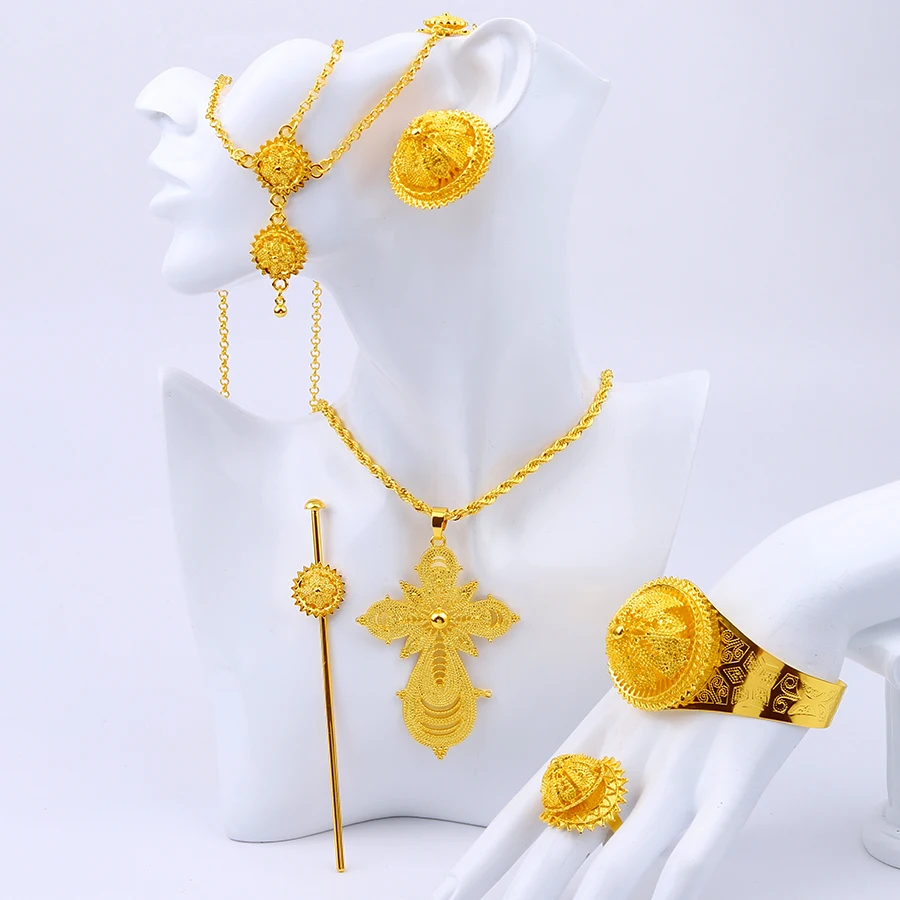 Cross border Dubai 24K Gold Jewelry Set African Bride Necklace Earring Ring Bracelet Hairpin Head Chain Six Piece Set