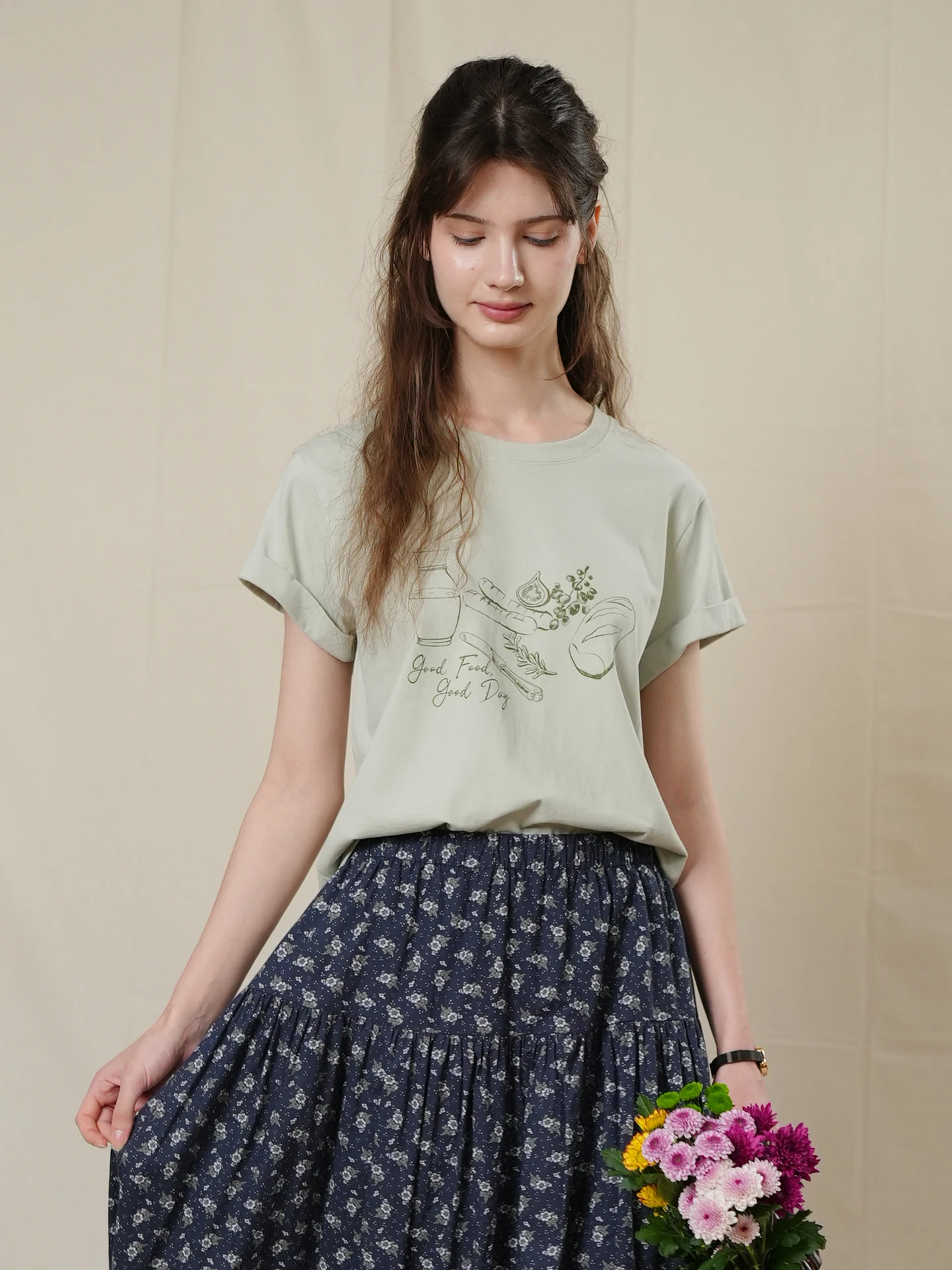 

Retro MarchNoon Pure Cotton Short Sleeve T-Shirt Handwoven Print Color Matched Loose Fit Slimming round Neck Top for Women