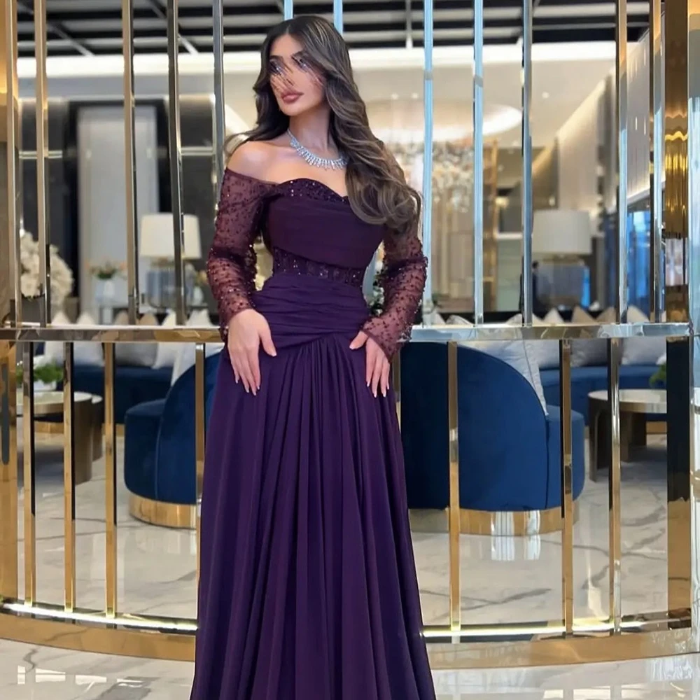 Abiti da sera viola per donna con spalle scoperte maniche lunghe con paillettes Una linea di abiti da festa lunghi formali in chiffon personalizzati