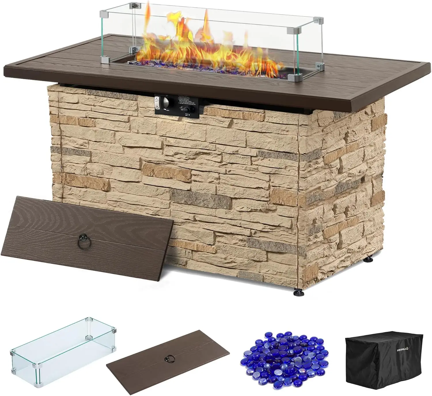 Outdoor Patio Propane Fire Pit Table - Rectangular Stone, 50000 BTU, with Wind Guard, Lid, Fire Beads, Cover, Buff Color