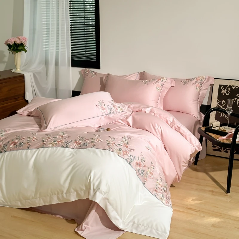 Pink White Patchwork Bedding Sets Luxury Flowers Embroidery Duvet Cover Set 100% Cotton Bed Sheet Mattress Cover Pillowcases