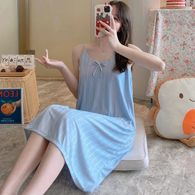 

Summer New Thin Milk Silky Pit Stripe Women's Sexy Bow Strap Sleeping Dress Casual Solid One Piece Skirt Youth Homewear