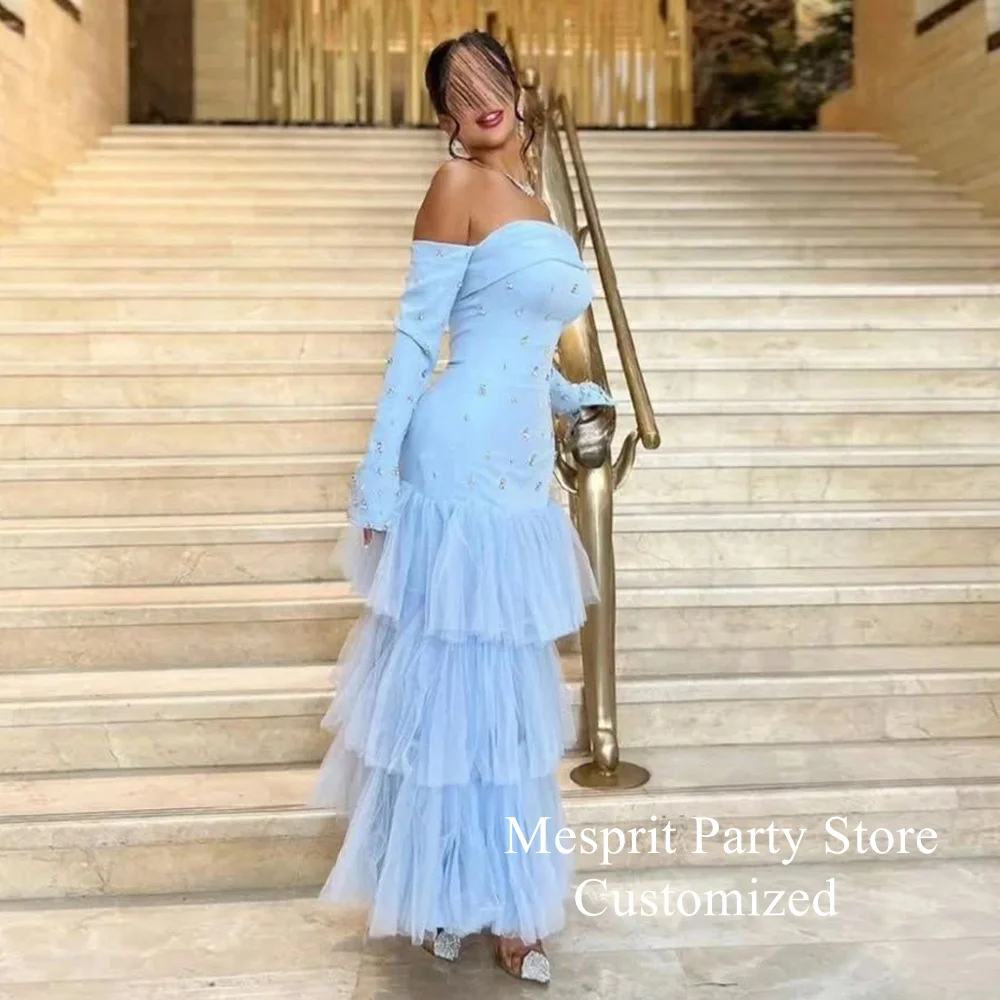 Light Blue Evening Dress for Lady Customized Strapless Long Sleeve Crystal Stone Ankle Length Tiered Tulle Saud Prom Gown