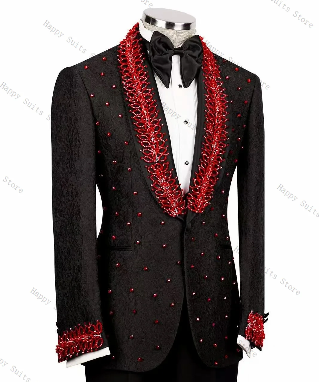 Red Crystals Men Suit Set 2 Pcs Black Blazer+Pants Trousers Formal Office Coat Autumn Groom Wedding Tuxedo Customized Jacket