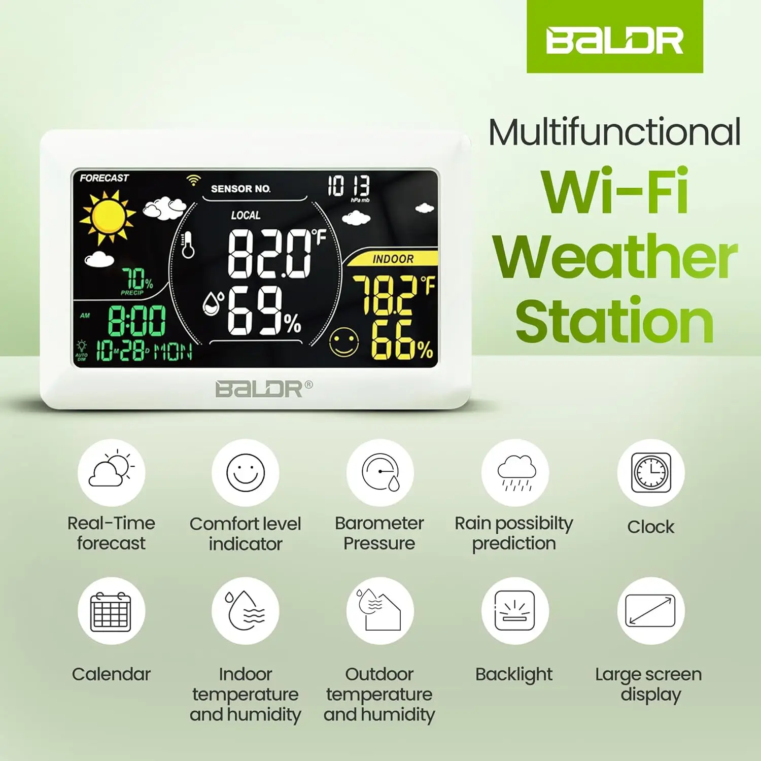 

BALDR Wi-Fi метеостанция беспроводной домашний будильник температуры и влажности календарь барометр приложение онлайн-прогноз монитор данных