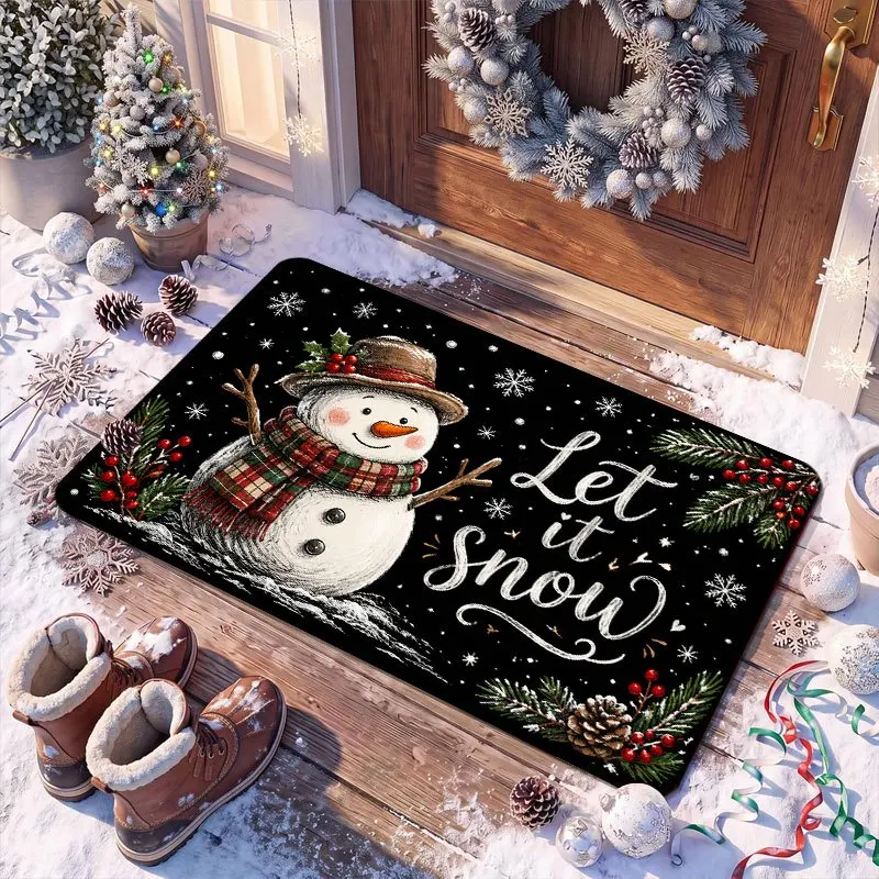 Charming Black Snowman Hat Scarf Let It Snow Text Print Washable Durable Outdoor Doormat For Rustic Winter Front Door Layer