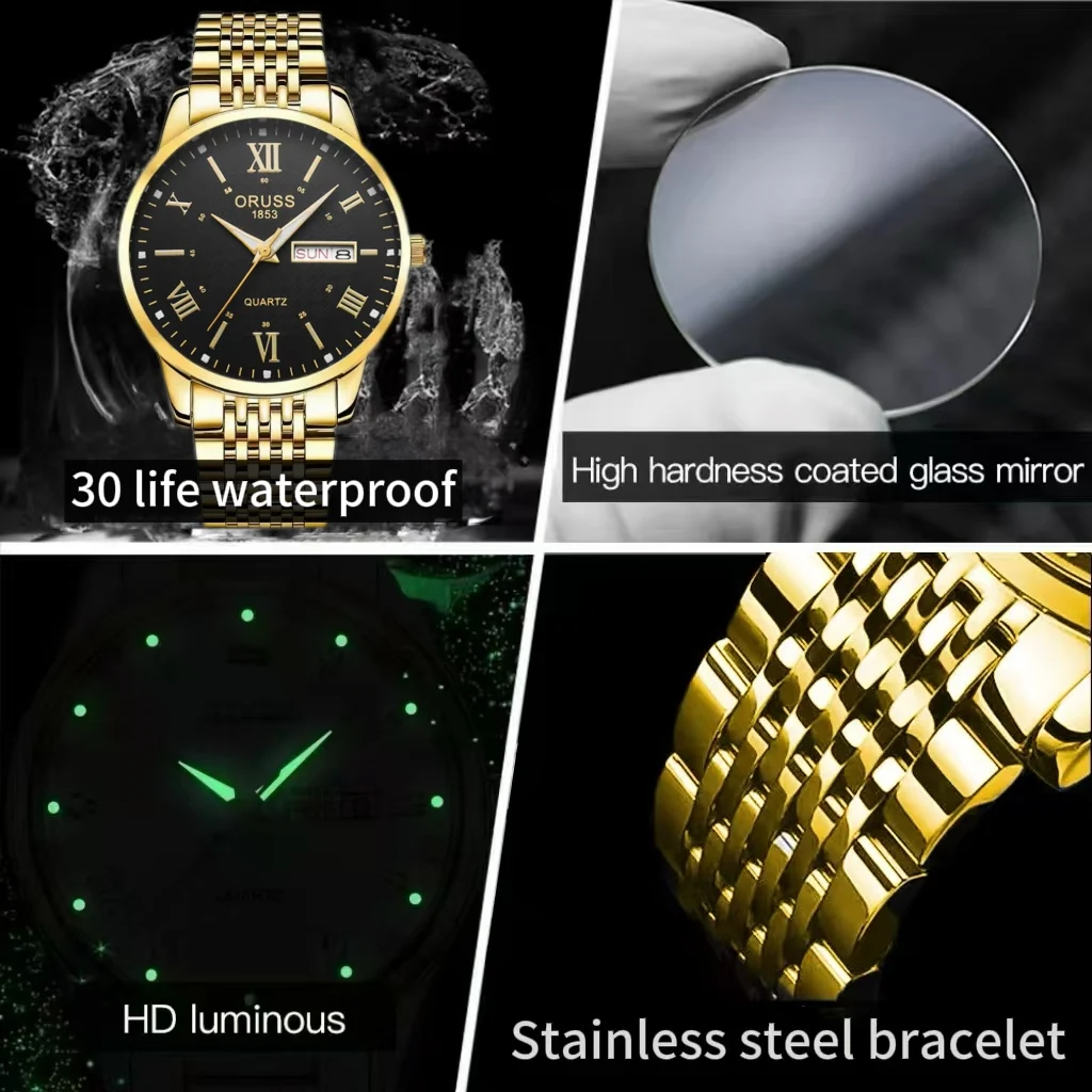 ORUSS оригинальные мужские часы из нержавеющей стали с двойным календарем, водонепроницаемые светящиеся роскошные золотые часы, модные кварцевые мужские наручные часы, лучший бренд