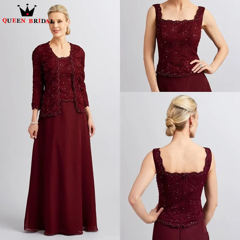 Vintage Mother of the Bride Dresses With Jacket Three Quarter Sleeves Beading Square Neck vestido mae da noiva Custom Made DT64