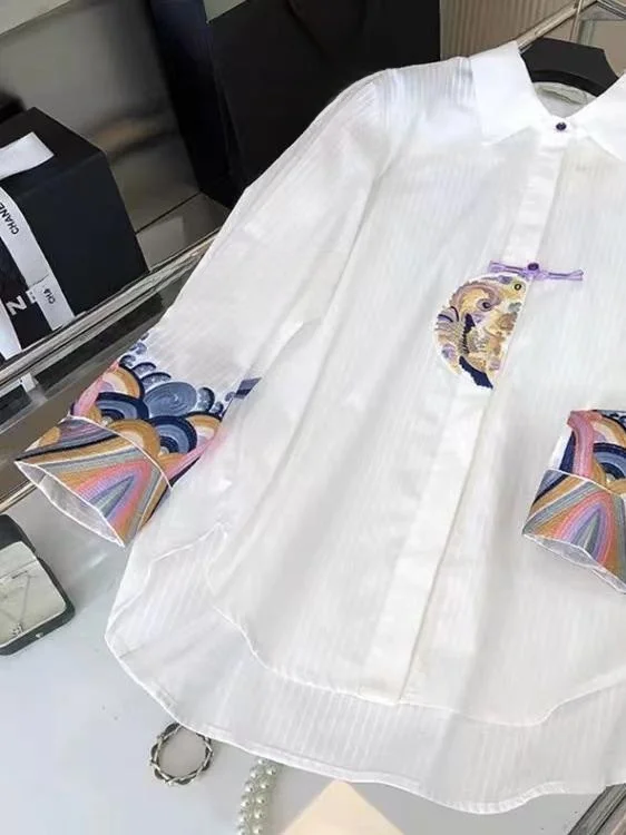 

New Chinese Sle Women's irt Autumn Winter 2025 Heavy Embroidery Faion Retro Top Trendy Cotton Long Sve Collar