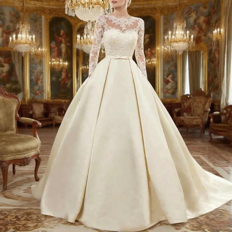 

Simple Ivory Satin Wedding Dress A-Line Long Sleeves Lace-up Sweep Train Bridal Gown with Pockets Vestidos Customized