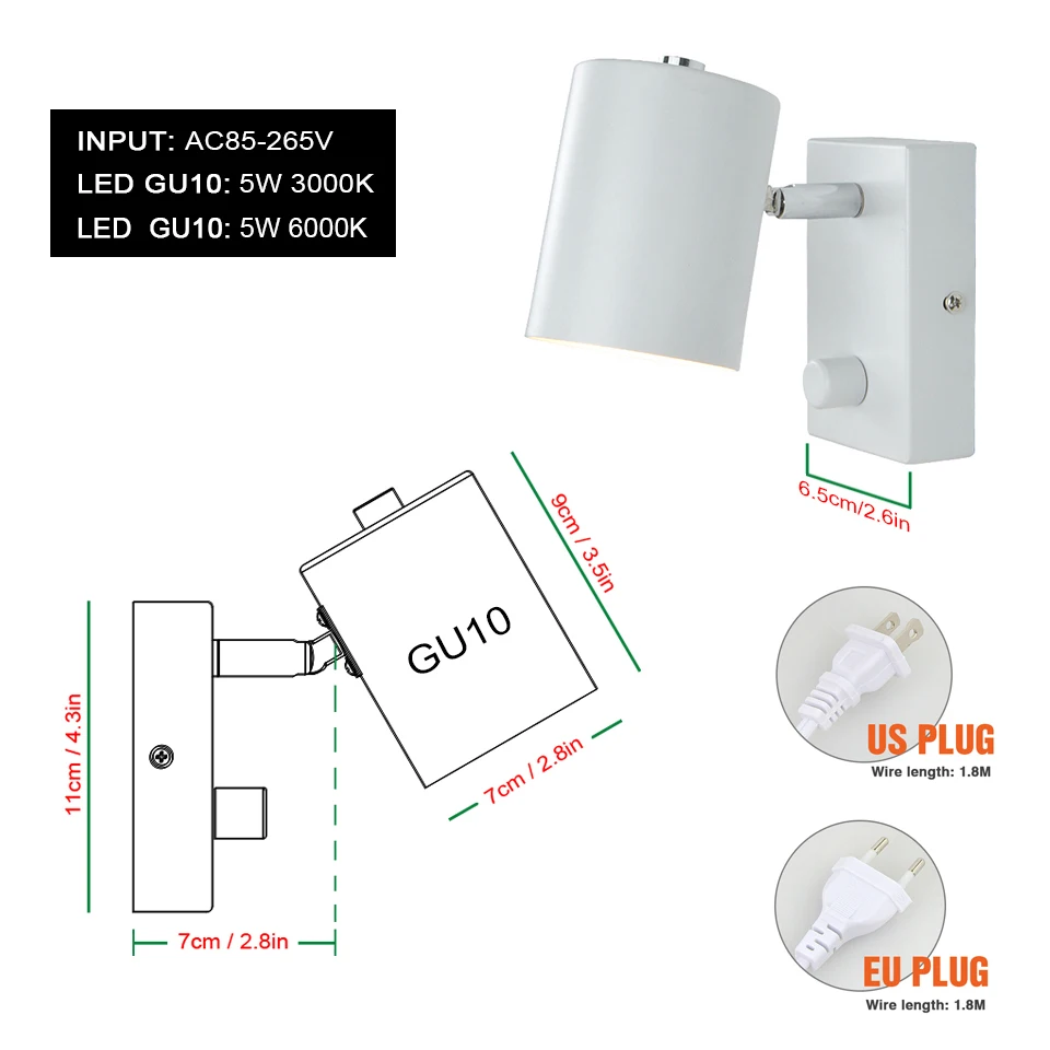 Imagem -06 - Nordic Lâmpada de Parede Interior 5w Interruptor Rotativo ue ul Plug Branco Luzes Parede para Casa Quarto Sala Estar Corredor Iluminação Decorar Gu10