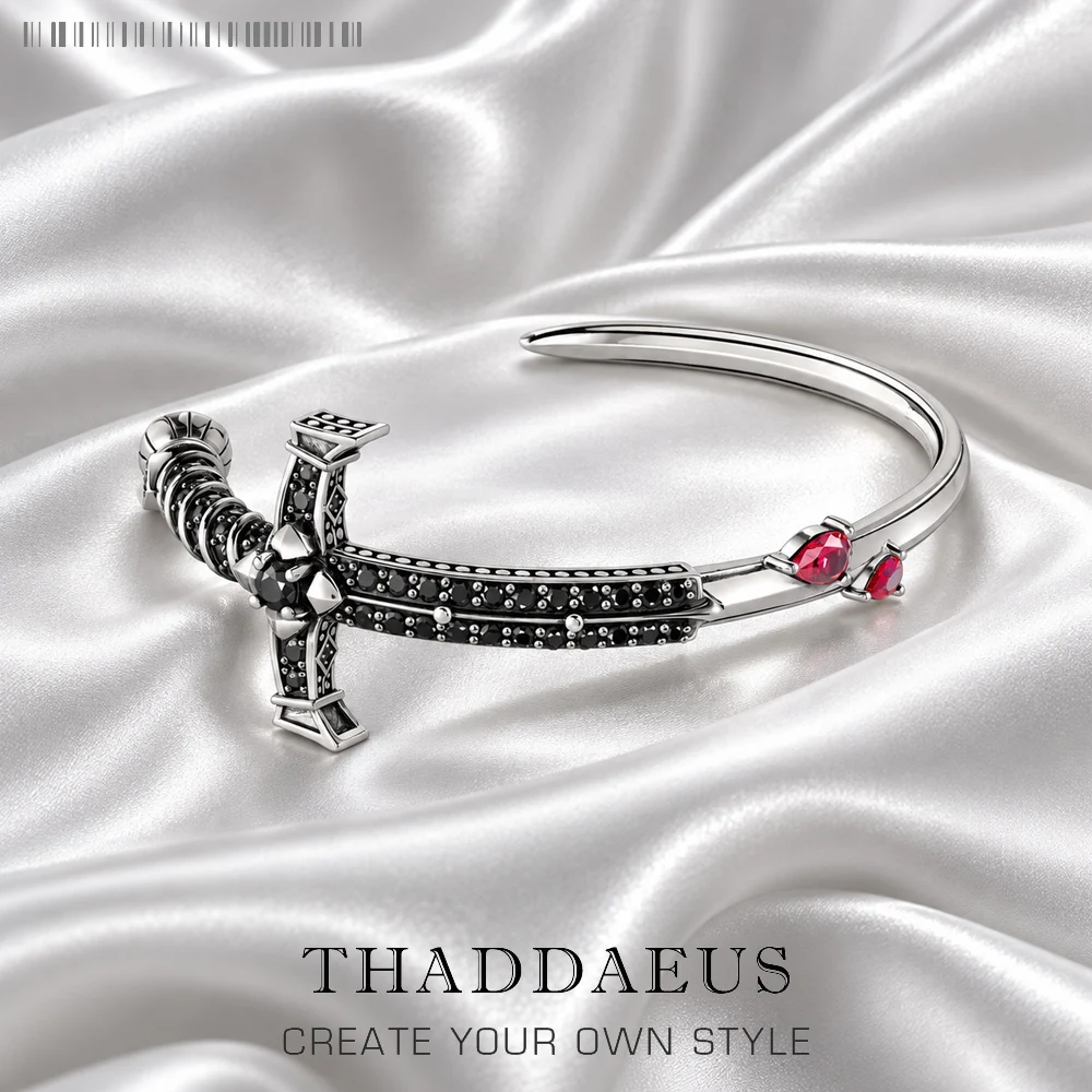 Sword with Black and Red Stone Bracelet Bangle Europe Brand New Pure 925 Sterling Silver Fine Jewelry Vintage Gift For Women Men