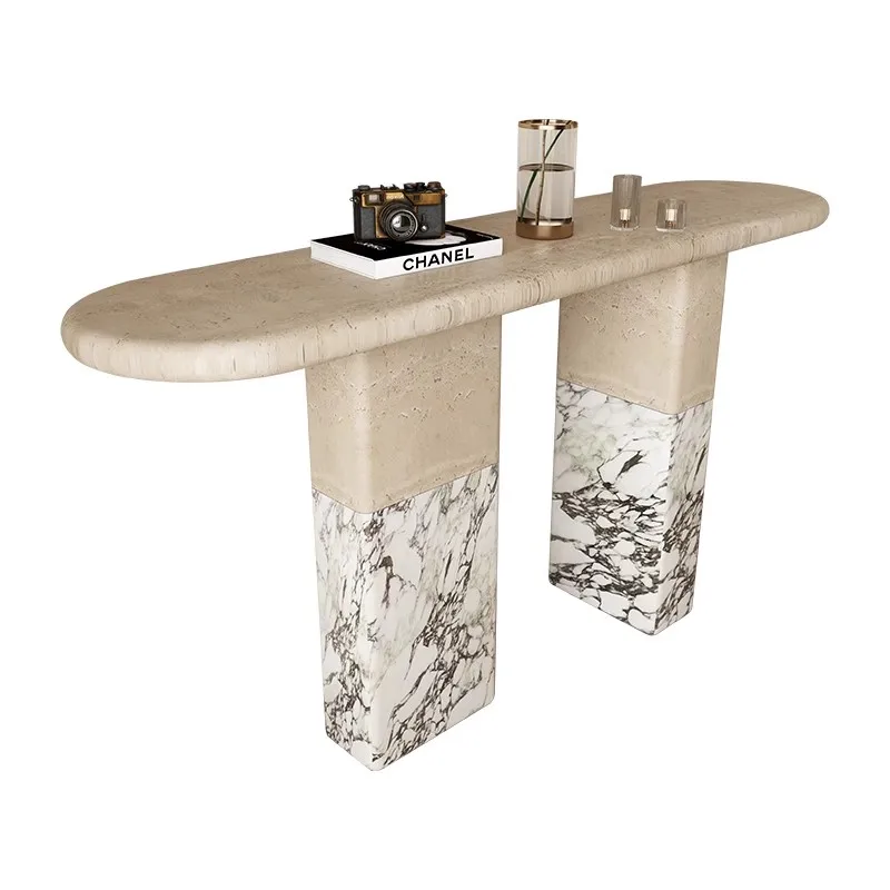 

Entrance table opposite the door, French retro marble entrance hall, extremely narrow color combination, creative