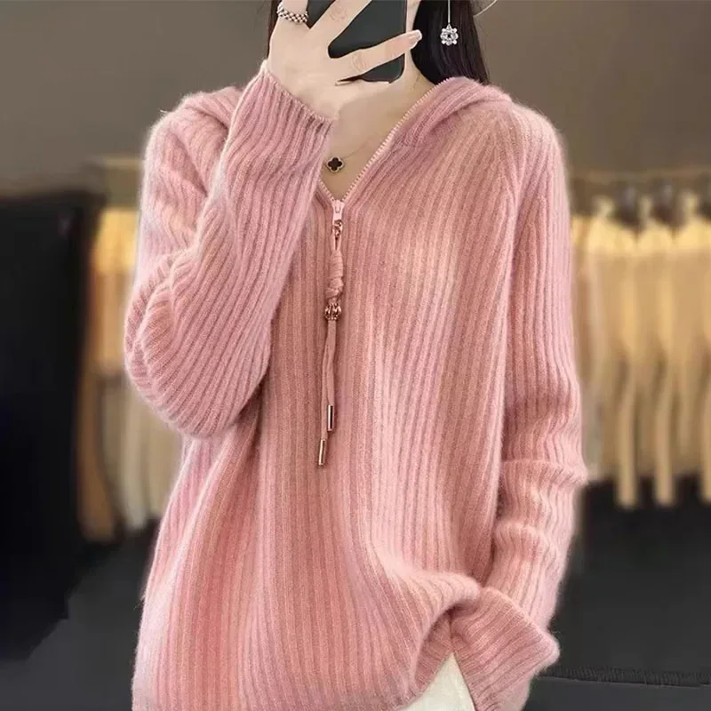 Autumn/Winter Sweater Women Hoodie Loose Casual Zipper Half Open Collar Pullovers Cashmere Supple Knit Top Solid Color Big Size