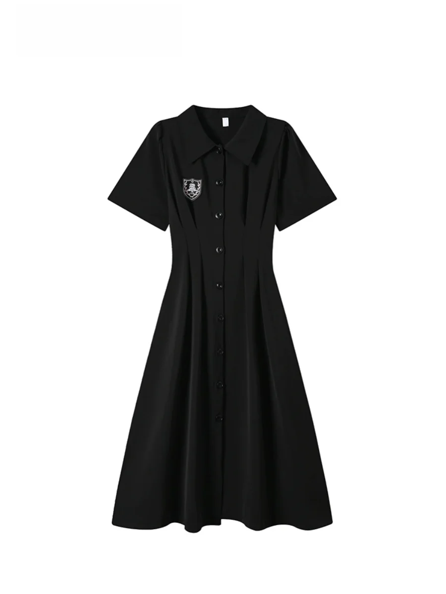 

plus Size Shirt Dress Women Summer Slimming Waist Design Casual Cotton Long A-Line Skirt Style Short Sleeve Turn-down Collar