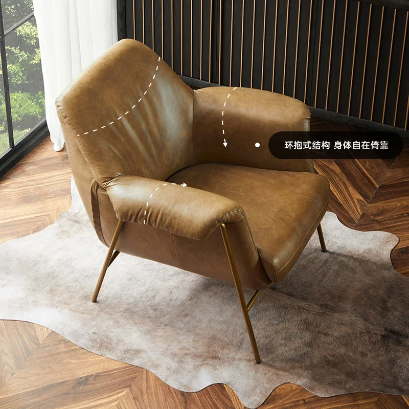 American retro full leather metal adult sofa and chair, living room light luxury iron art, single head leather, room Sofa