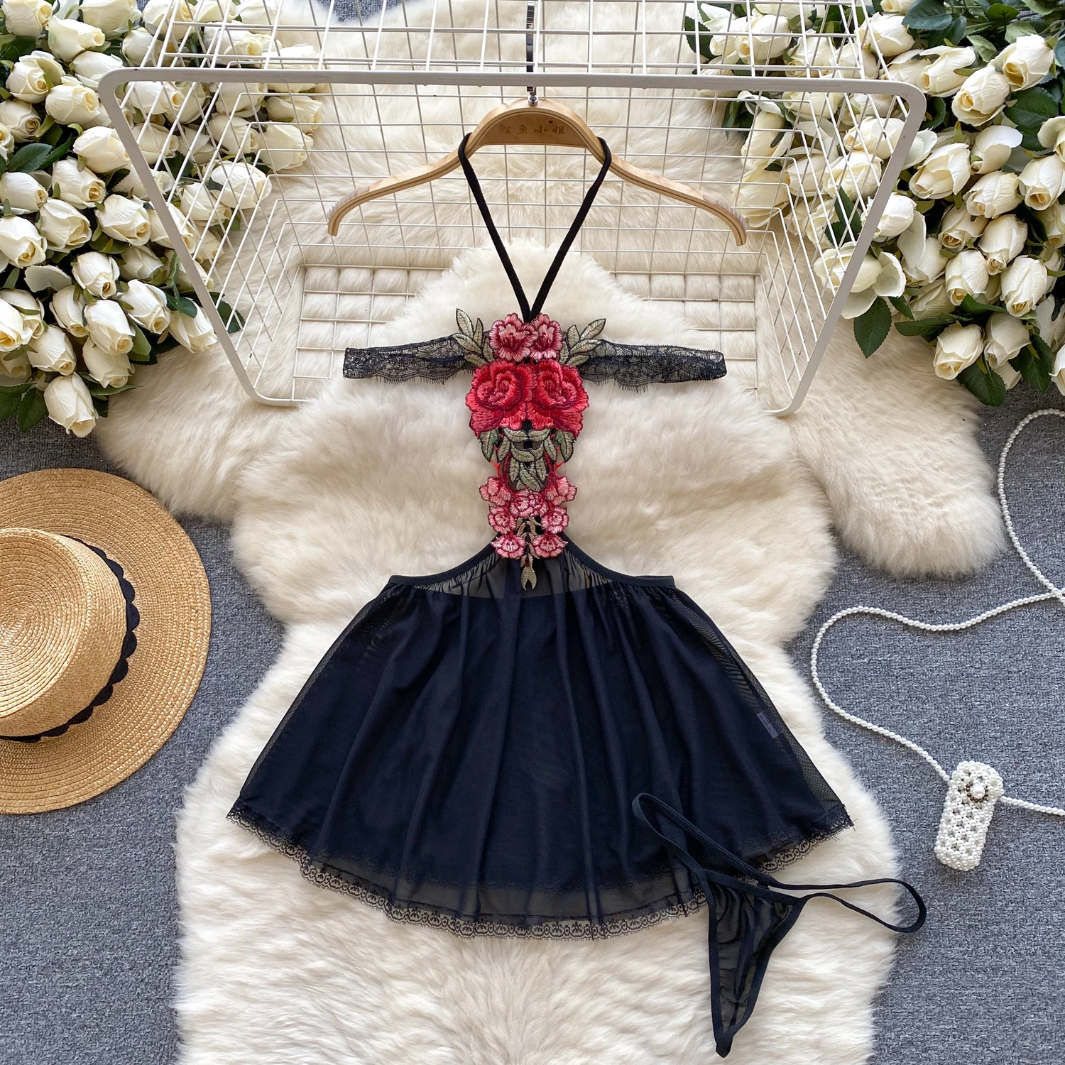 Neues Schlafkleid mit bestickter Blume und offener Brust, leidenschaftliche, reine, lustige Unterwäsche, sexy Uniform, durchsichtiges Netz, Hotsweet, aushöhlen